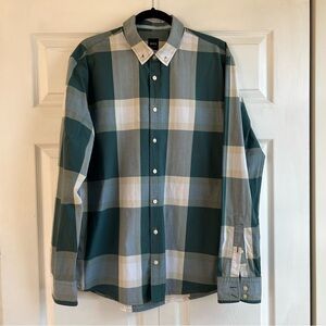 Hugo Boss Dark Green White Slim Fit Cotton Poplin Oversized Check Plaid Shirt XL